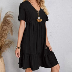 Women’s Summer Peplum Dress – Spring V-Neck Short Sleeve Loose Waist Ruffle Fit & Flare Vacation Dress