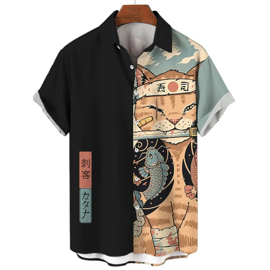 Men’s Samurai Cat Anime Hawaiian Shirt – Casual Short Sleeve Loose Fit Summer Top | Cool Graphic Streetwear Blouse