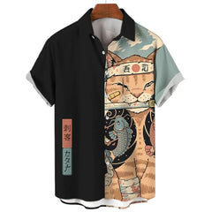 Men’s Samurai Cat Anime Hawaiian Shirt – Casual Short Sleeve Loose Fit Summer Top | Cool Graphic Streetwear Blouse