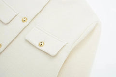 Women Elegant Cropped Jacket Women's Fashion Jacket O-Neck Long Sleeved Flip Pocket Coat Female Casual Outwear Tops