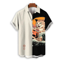 Men’s Samurai Cat Anime Hawaiian Shirt – Casual Short Sleeve Loose Fit Summer Top | Cool Graphic Streetwear Blouse