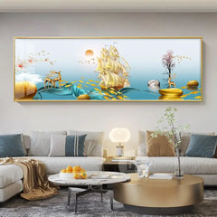 Chinese Style Golden Leaves & Deer Canvas Painting – Feng Shui Mountain Wall Art for Living Room (Unframed)