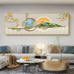 Chinese Style Golden Leaves & Deer Canvas Painting – Feng Shui Mountain Wall Art for Living Room (Unframed)