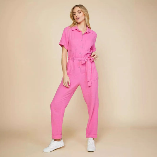 Women's Solid Color Short-Sleeved Jumpsuit | Casual One-Piece Trousers Outfit