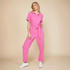 Women's Solid Color Short-Sleeved Jumpsuit | Casual One-Piece Trousers Outfit
