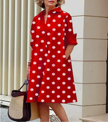 Polka Dot Print Shirt Collar Long Sleeve Pocket Mid-length Dress