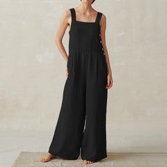 Wide Leg Jumpsuit Women Cotton And Linen Pocket Overalls