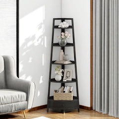 5-Tier Corner Shelf with Drawer - Freestanding Black Bookshelf & Plant Stand for Living Room & Office