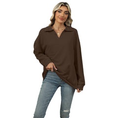 New Lapel V-neck Sweatshirt Fashion Casual Loose Solid Color Long-sleeved Pullover Top For Womens Clothing