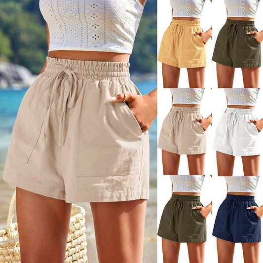 New Loose Linen High Waist Shorts | Solid Color Wide-Leg Leisure Pants with Pockets