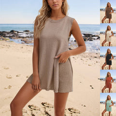 2pcs Women's Knitting Suit Summer Loose Round Neck Split Vest Top And Shorts Beach Clothing