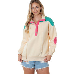 Loose V-neck Pullover Sweater Women's New Color Contrast Patchwork Long-sleeved Top Women's