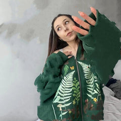 Leaf Grass Butterfly Mushroom Printed Sweater