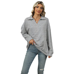 New Lapel V-neck Sweatshirt Fashion Casual Loose Solid Color Long-sleeved Pullover Top For Womens Clothing