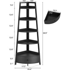 5-Tier Corner Shelf with Drawer - Freestanding Black Bookshelf & Plant Stand for Living Room & Office
