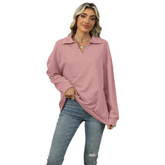 New Lapel V-neck Sweatshirt Fashion Casual Loose Solid Color Long-sleeved Pullover Top For Womens Clothing