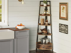 5-Tier Corner Shelf with Drawer - Freestanding Black Bookshelf & Plant Stand for Living Room & Office