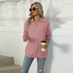New Lapel V-neck Sweatshirt Fashion Casual Loose Solid Color Long-sleeved Pullover Top For Womens Clothing