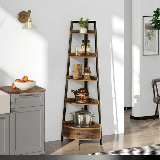 5-Tier Corner Shelf with Drawer - Freestanding Black Bookshelf & Plant Stand for Living Room & Office