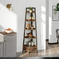 5-Tier Corner Shelf with Drawer - Freestanding Black Bookshelf & Plant Stand for Living Room & Office