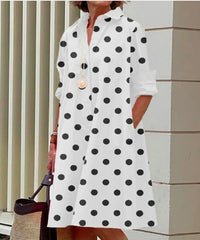 Polka Dot Print Shirt Collar Long Sleeve Pocket Mid-length Dress