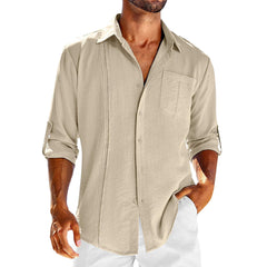 Casual Long Sleeve Shirt With Pocket Lace Polo Collar Solid Color Button Mens Clothing