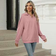 New Lapel V-neck Sweatshirt Fashion Casual Loose Solid Color Long-sleeved Pullover Top For Womens Clothing
