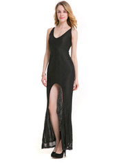 Elegant V-Neck Halter Slit Lace Dress | Banquet & Evening Wear for Women