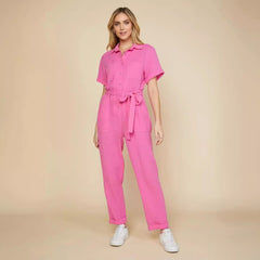 Women's Solid Color Short-Sleeved Jumpsuit | Casual One-Piece Trousers Outfit