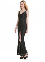 Elegant V-Neck Halter Slit Lace Dress | Banquet & Evening Wear for Women