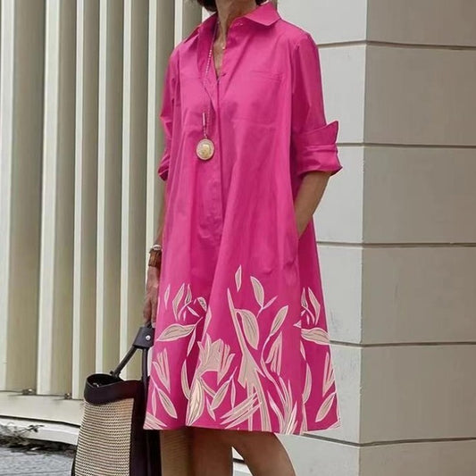Polka Dot Print Shirt Collar Long Sleeve Pocket Mid-length Dress