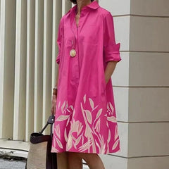 Polka Dot Print Shirt Collar Long Sleeve Pocket Mid-length Dress