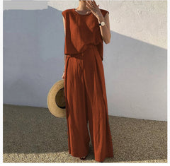 Cotton And Linen Casual Sleeveless Top Wide Leg Pants Two-piece Set