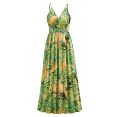 Robe longue à fleurs, robe d'été, balançoire, vacances, plage
