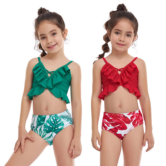Girls' Small Ruffled Split Swimsuit