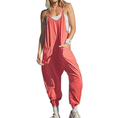 Summer Women's Loose Sleeveless Jumpsuits Spaghetti Strap Stretchy Long Pant Romper Jumpsuit With Pockets Zipper