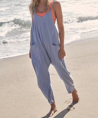 Summer Women's Loose Sleeveless Jumpsuits Spaghetti Strap Stretchy Long Pant Romper Jumpsuit With Pockets Zipper