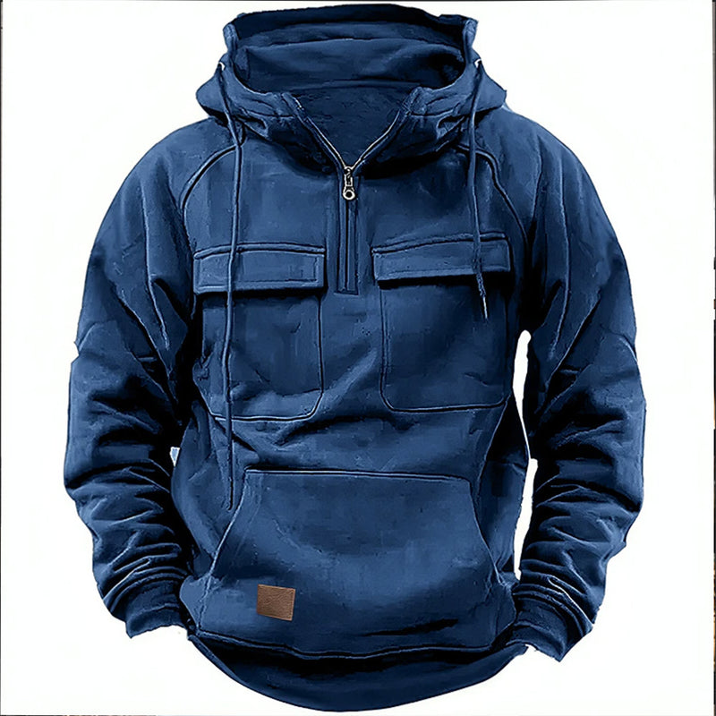 Men's Hooded Solid Color Multi-pocket Leather Sweater Jacket
