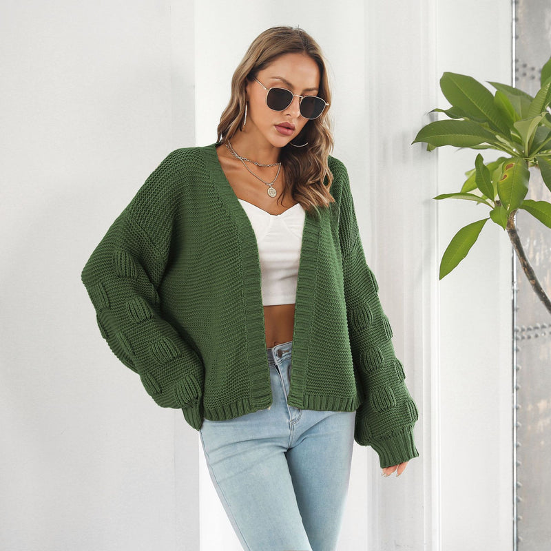 Puff Sleeve Cardigan Sweater Women Clothes Front Chunky Knitwear Coat