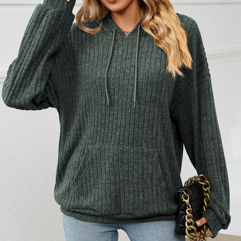 Knitted Sweater With Hooded Pit Stripe Kangaroo Pocket Sweater