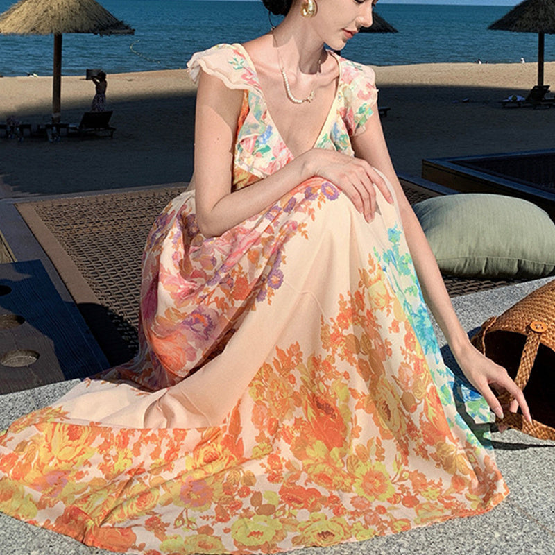 Fashion V-neck Ruffle Sleeve Long Dress Summer Romantic French-Style Flowers Print Bow-knot Backless Design Beach