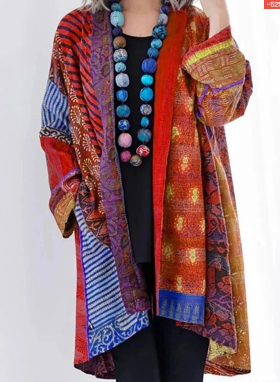 Cotton And Linen Loose Ethnic Style Plus Size Long Sleeve Printed Coat