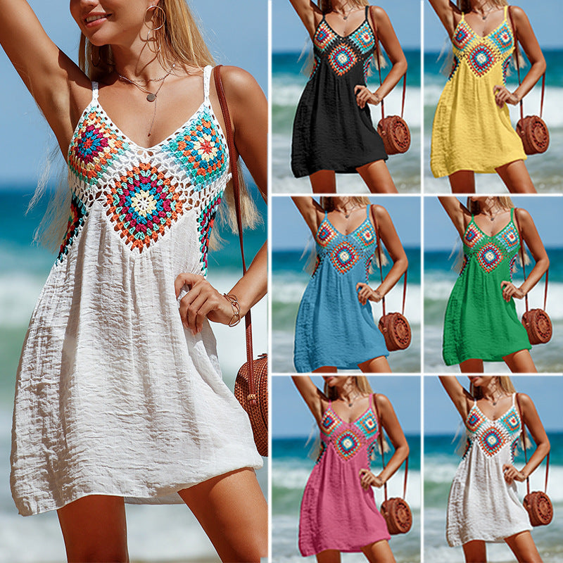 Summer Sleeveless Dress Bohemia Stitching Colorful Pattern V-neck Hollow Beach Dress