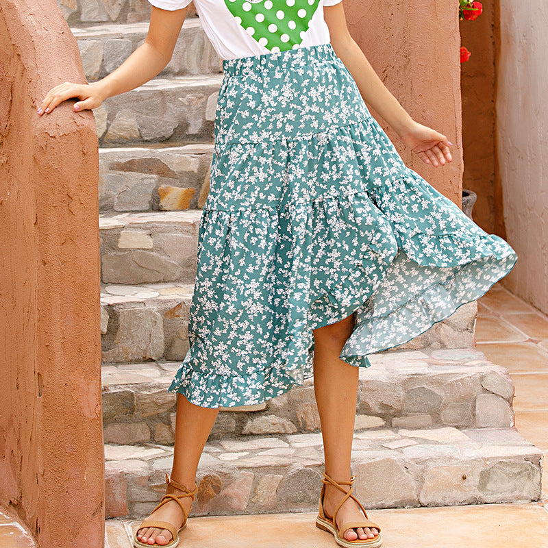 Summer New Pleated Ruffled Skirt Casual Floral Split Skirt