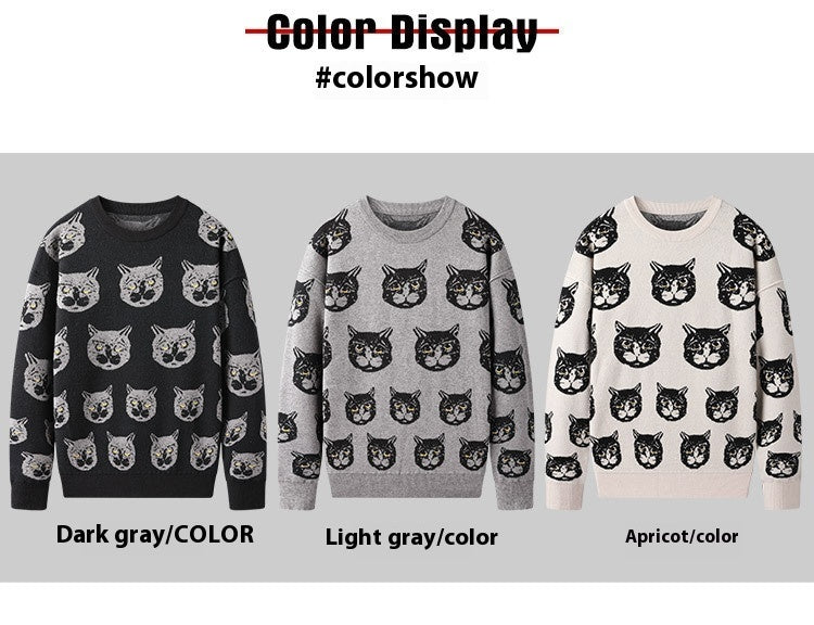 Men's Printed Sweater Fashionable Cat Autumn And Winter Personalized Casual Slim Sweater