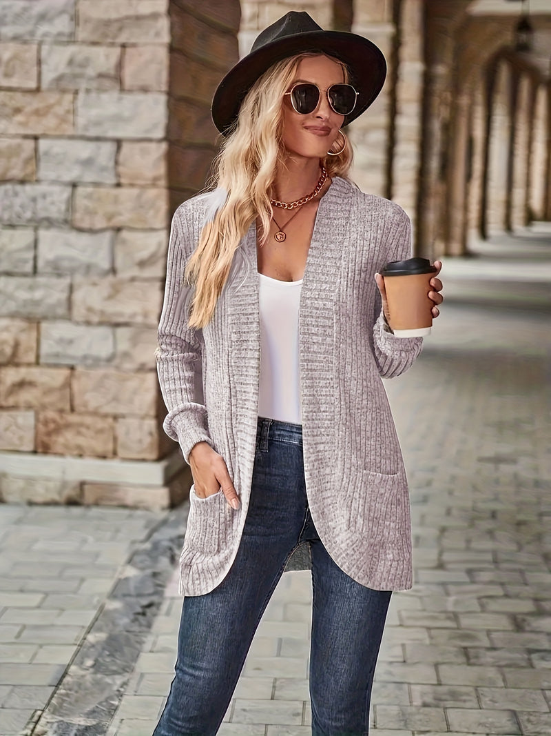 Long Sleeve Elegant Solid Color Open Front Cardigan with Pockets - Versatile, Mid-Elasticity, Machine Washable - Perfect for Spring and Fall, Womens Clothing