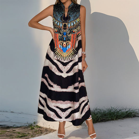 Stand Collar Sleeveless Zebra Print Dress