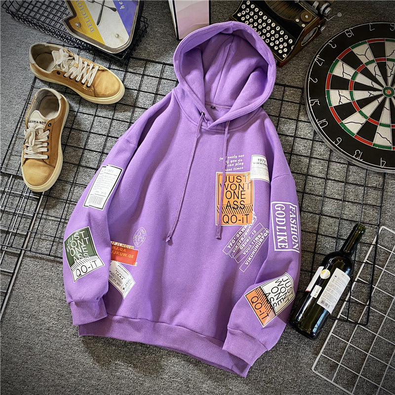 Spring & Autumn Lapel Hooded Printed Hoodie - Long Sleeve Cotton-Blend with 85% Polyester