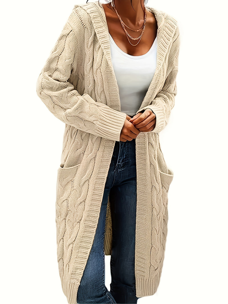 Chic Solid Cable Knit Hooded Cardigan - Cozy Long Sleeve with Practical Pockets, Mid-Length Womens Sweater for Casual Style