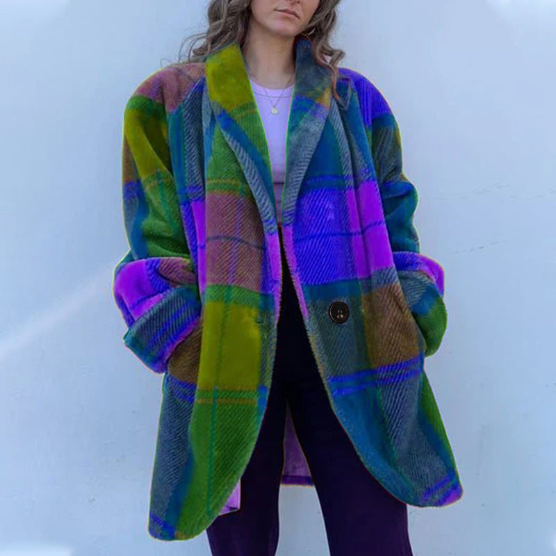 Rainbow Color Plaid Lapel Jacket With Pockets Fashion Button Coat For Women Clothing